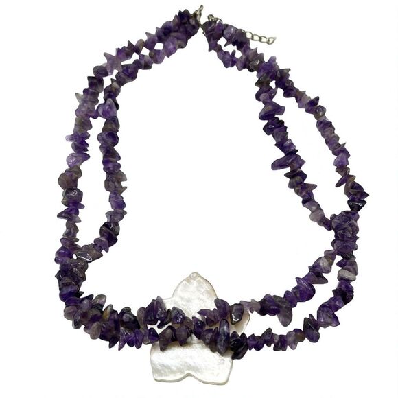 Shell Flower Necklace Purple Amethyst Nugget Carved Mother of Pearl Cruise 20" - Picture 4 of 10